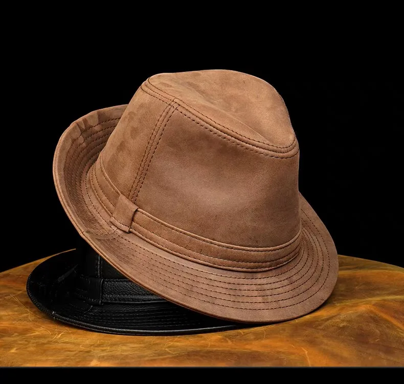 Genuine Leather Cowhide Sheepskin Men Gentleman Fedoras Hat for Performance Travel Warm Winter Autumn Top Hat