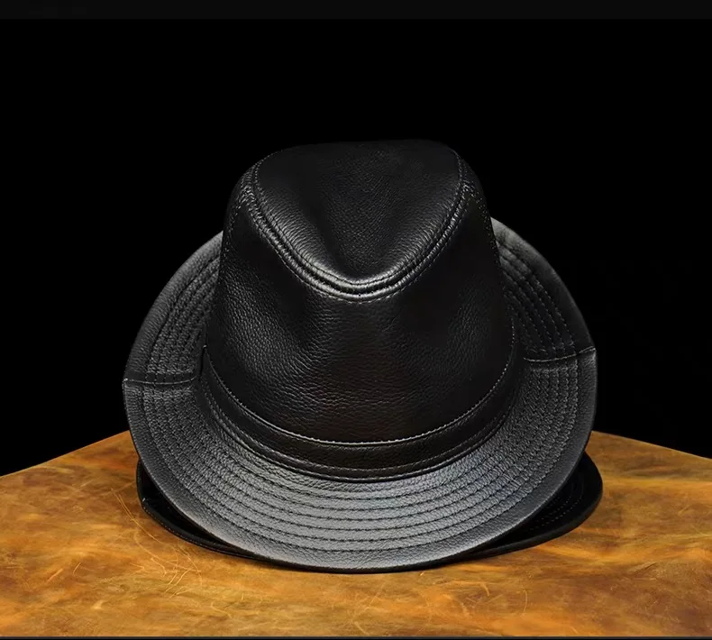 Genuine Leather Cowhide Sheepskin Men Gentleman Fedoras Hat for Performance Travel Warm Winter Autumn Top Hat