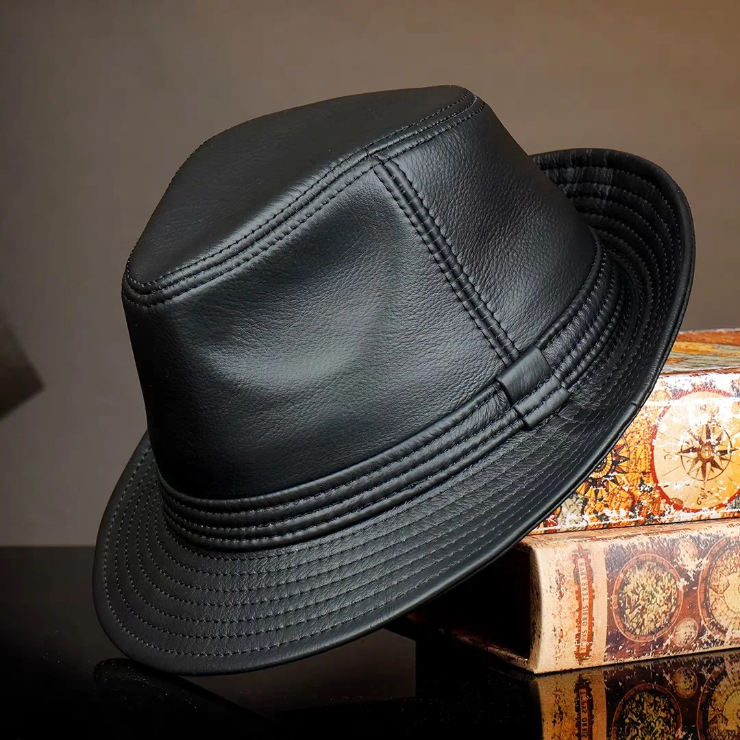 Genuine Leather Cowhide Sheepskin Men Gentleman Fedoras Hat for Performance Travel Warm Winter Autumn Top Hat