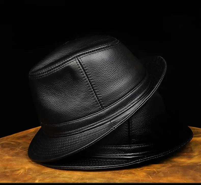 Genuine Leather Cowhide Sheepskin Men Gentleman Fedoras Hat for Performance Travel Warm Winter Autumn Top Hat