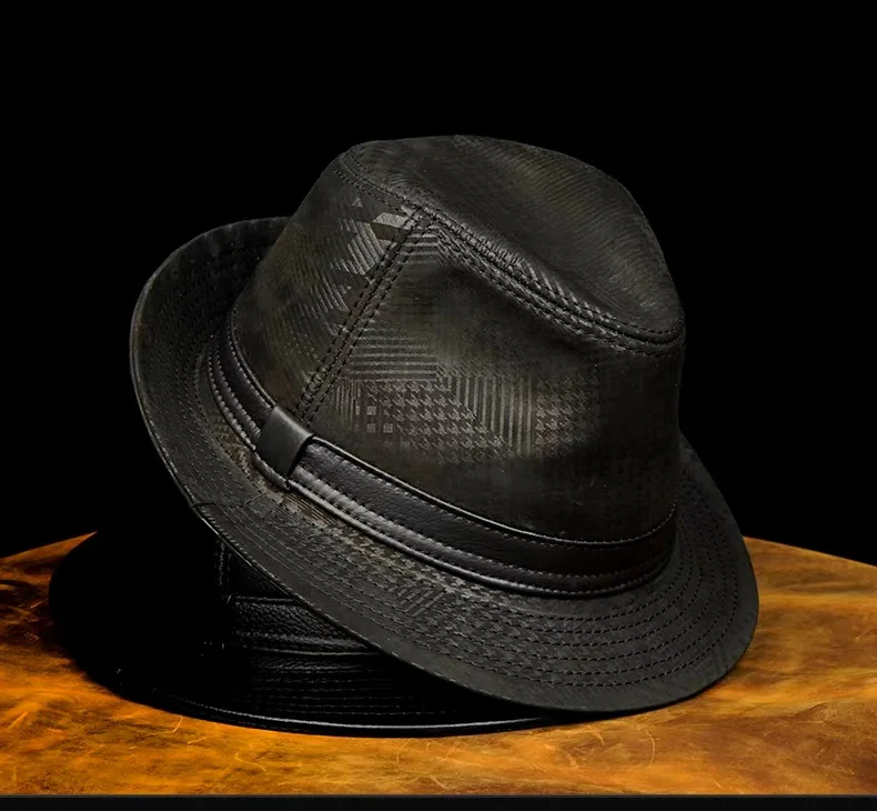 Genuine Leather Cowhide Sheepskin Men Gentleman Fedoras Hat for Performance Travel Warm Winter Autumn Top Hat