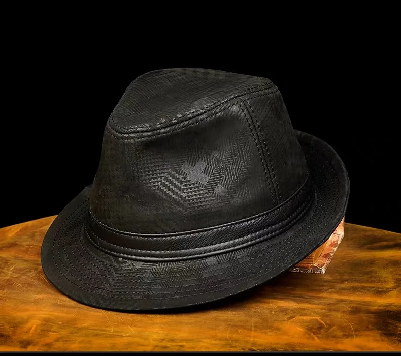 Genuine Leather Cowhide Sheepskin Men Gentleman Fedoras Hat for Performance Travel Warm Winter Autumn Top Hat