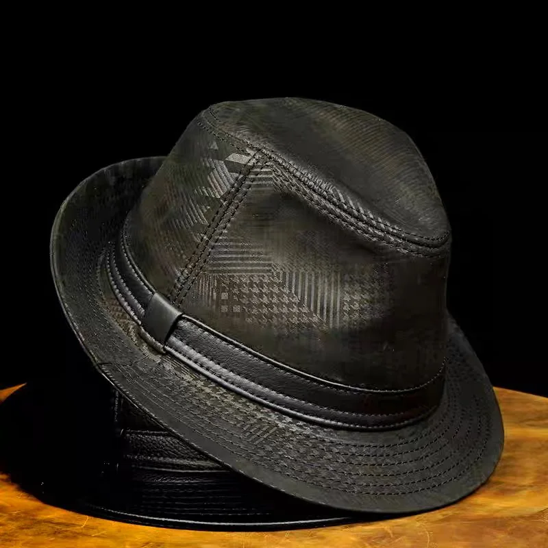 Genuine Leather Cowhide Sheepskin Men Gentleman Fedoras Hat for Performance Travel Warm Winter Autumn Top Hat