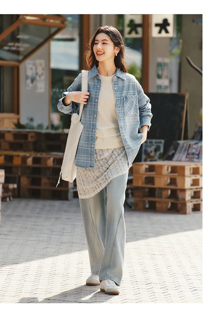 Semir Denim Shirt Women Oversize Spring 2025 New Spring Checkered Blouse Plaid Jacket