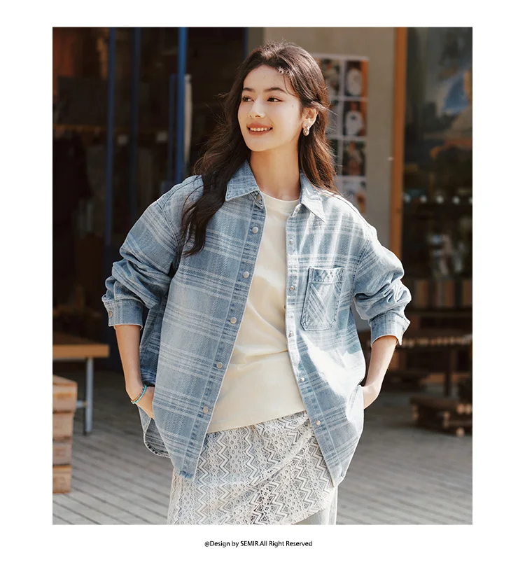 Semir Denim Shirt Women Oversize Spring 2025 New Spring Checkered Blouse Plaid Jacket