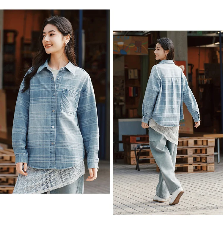 Semir Denim Shirt Women Oversize Spring 2025 New Spring Checkered Blouse Plaid Jacket
