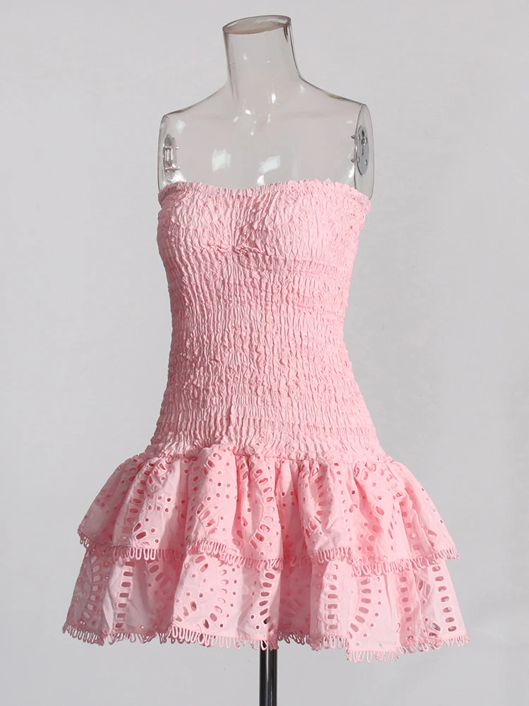 TWOTWINSTYLE Designer Mini A Line Dresses Strapless Sleeveless High Waist Spliced Ruffles Hem Elegant Slimming Dress Female New