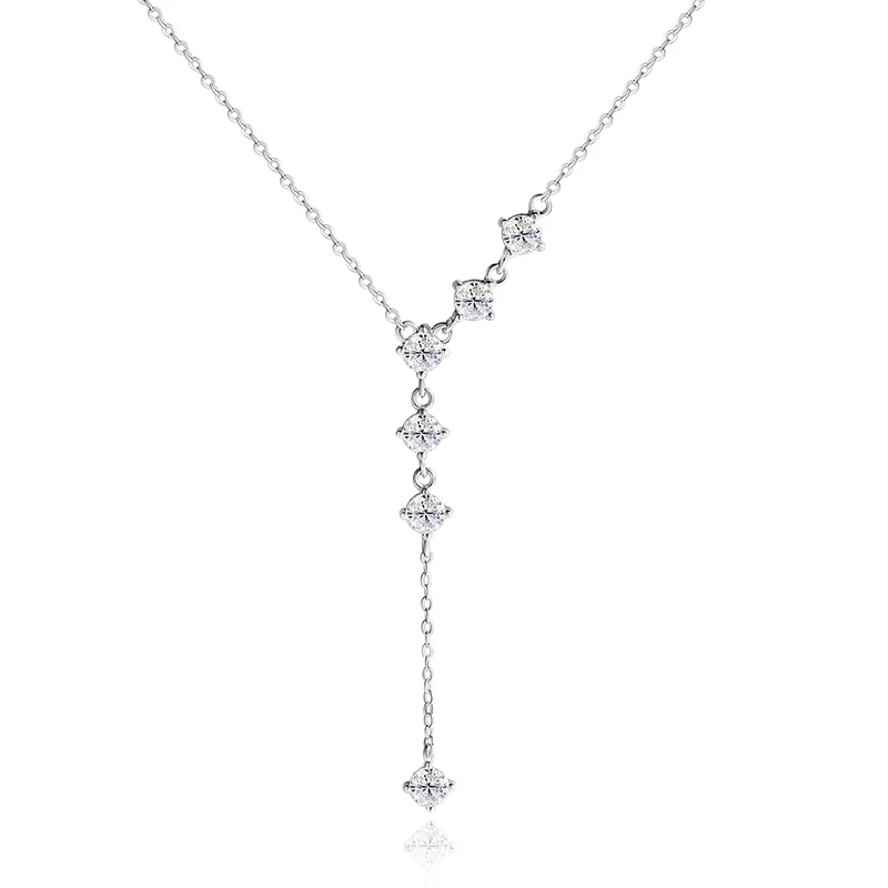 Smyoue 4mm Tassel Necklace Moissanite Pendant Round Cut Sparkling Neck Chain Girls Christmas Gift 925 Sterling Silver Plated 18K