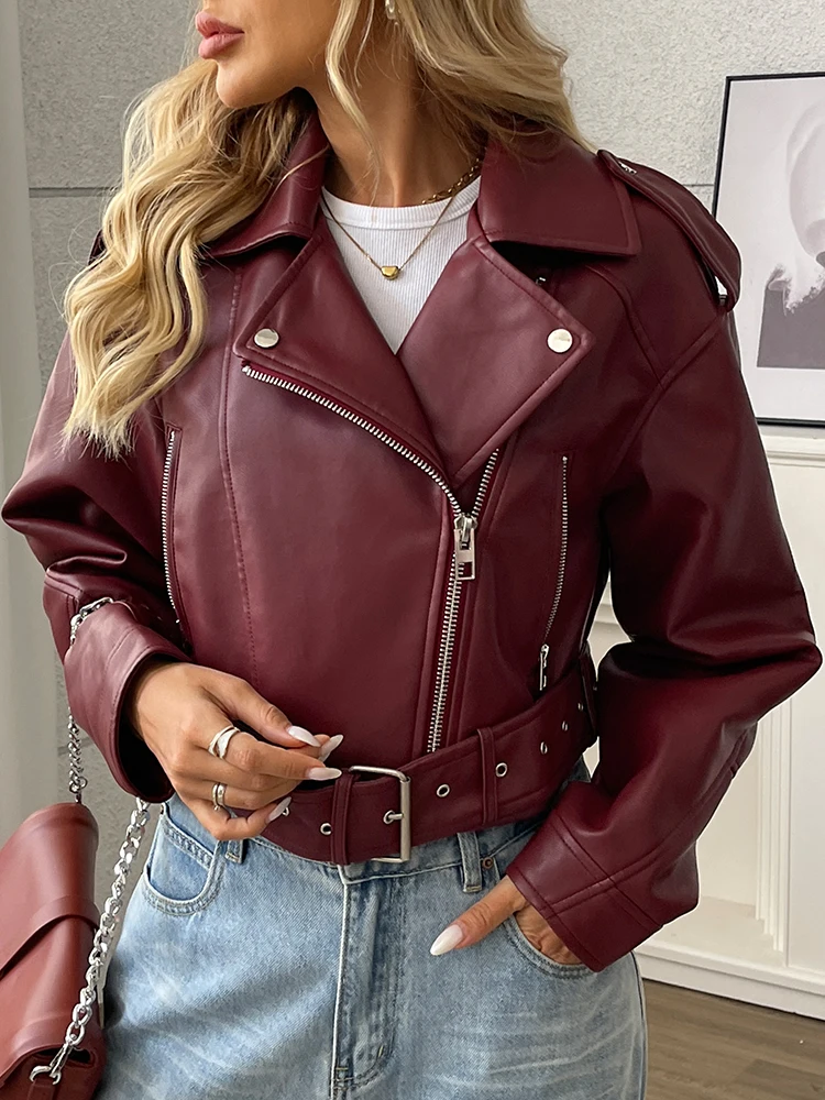Ailegogo New Streetwear Women Loose Short Pu Faux Leather Jacket Moto Biker Female Belt Zipper Coat Outwear