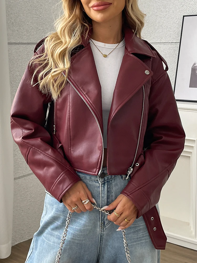 Ailegogo New Streetwear Women Loose Short Pu Faux Leather Jacket Moto Biker Female Belt Zipper Coat Outwear