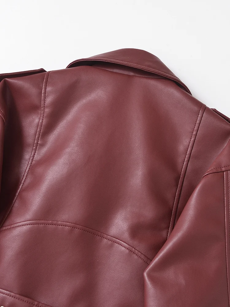 Ailegogo New Streetwear Women Loose Short Pu Faux Leather Jacket Moto Biker Female Belt Zipper Coat Outwear