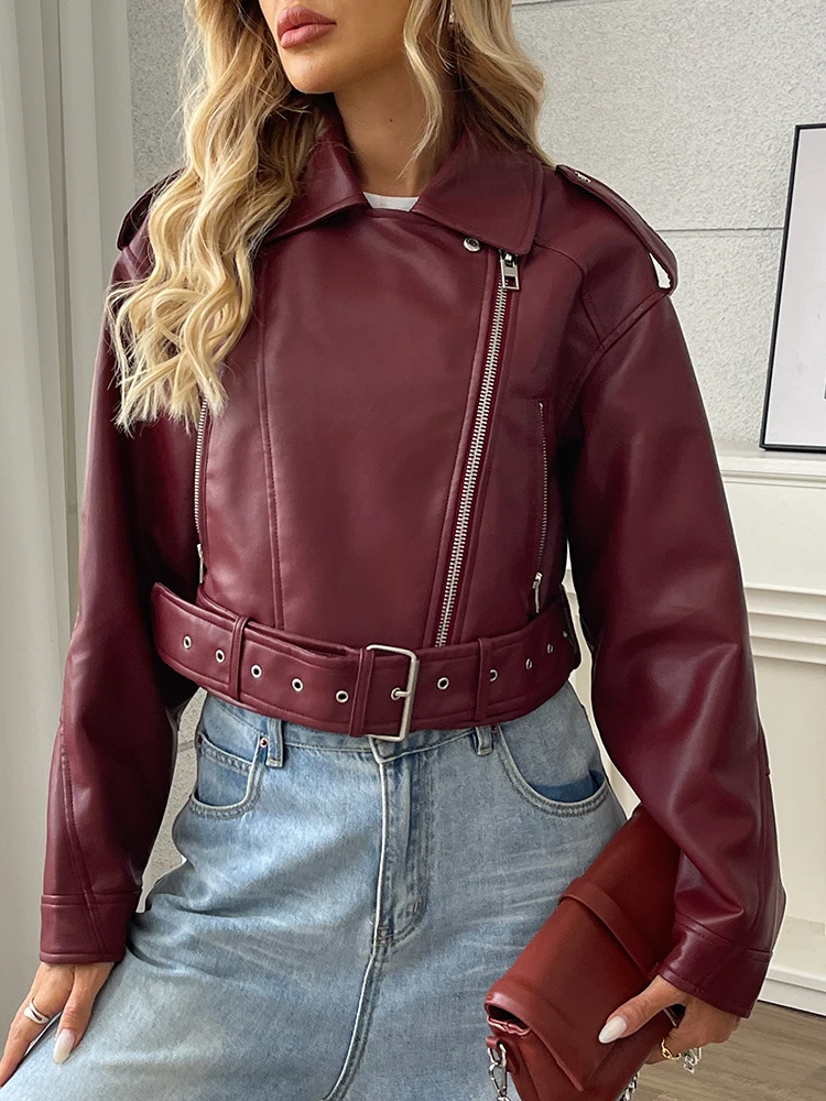 Ailegogo New Streetwear Women Loose Short Pu Faux Leather Jacket Moto Biker Female Belt Zipper Coat Outwear
