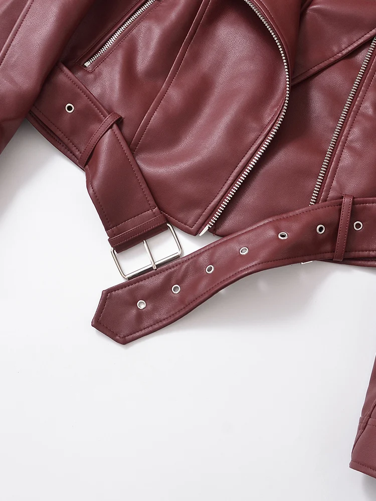 Ailegogo New Streetwear Women Loose Short Pu Faux Leather Jacket Moto Biker Female Belt Zipper Coat Outwear