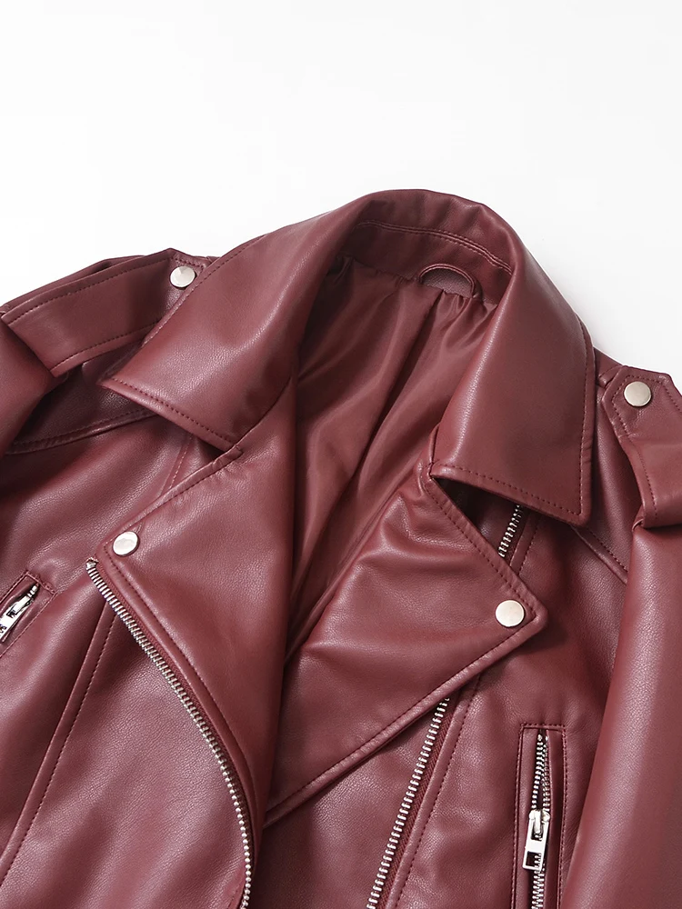 Ailegogo New Streetwear Women Loose Short Pu Faux Leather Jacket Moto Biker Female Belt Zipper Coat Outwear