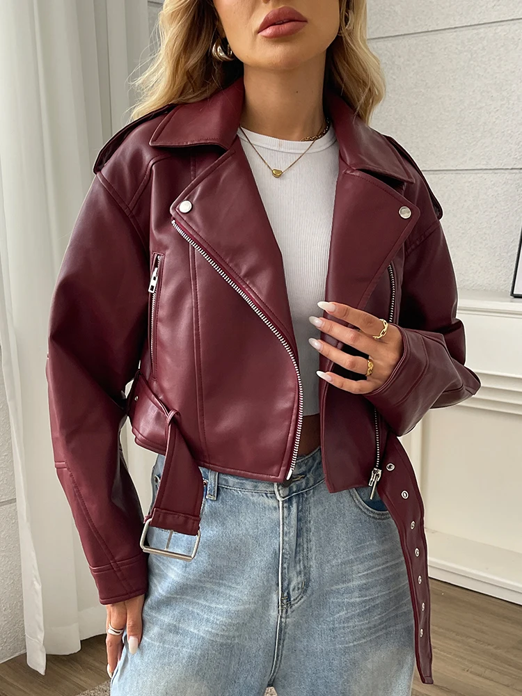 Ailegogo New Streetwear Women Loose Short Pu Faux Leather Jacket Moto Biker Female Belt Zipper Coat Outwear