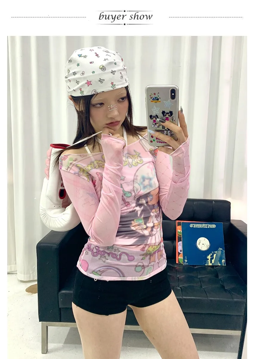 Karrram Japanese Y2k Anime Print Mesh Tops 2000s Aesthetics Pink Sheer Top Vintage Harajuku Kawaii See Through T-shirt Lolita