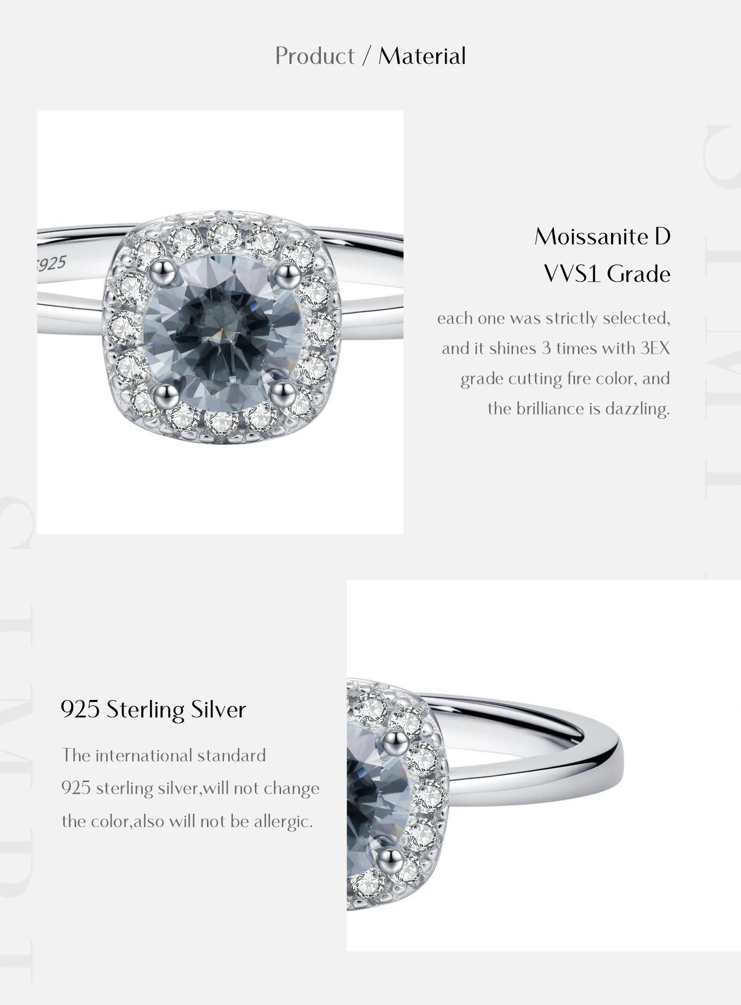 MODIAN D Color Gray Moissanite Rings 925 Sterling Silver Fashion Sparkle Square Halo Ring For Women Wedding Fine Jewelry Gift