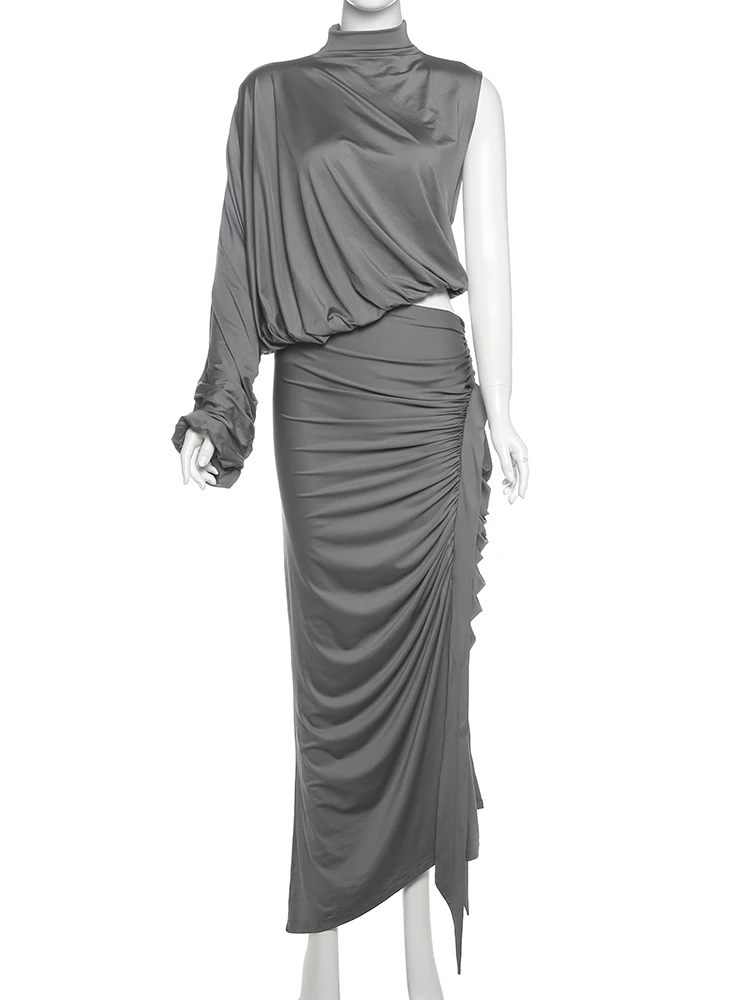 Weird Puss Y2K Solid Style 2 Piece Set Women Turtleneck Single Shoulder Sleeve Tops+Ruched Long Skirts Fashion Elegant Outfits