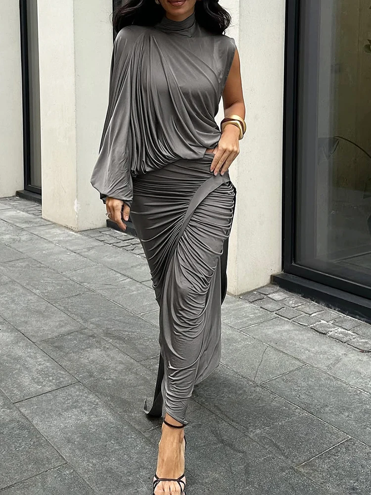 Weird Puss Y2K Solid Style 2 Piece Set Women Turtleneck Single Shoulder Sleeve Tops+Ruched Long Skirts Fashion Elegant Outfits