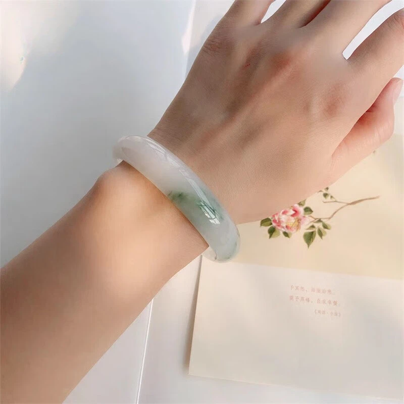 Ice Transparent Tianshan Jade Bracelet Wide Strip Flower Bracelet for Girlfriend