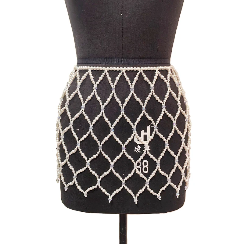 Handmade Female Party Evening Outfits Hollow Body Chain Unique Pearl Beaded Mesh Mini Skirt