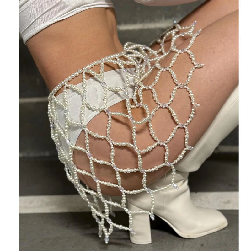 Handmade Female Party Evening Outfits Hollow Body Chain Unique Pearl Beaded Mesh Mini Skirt