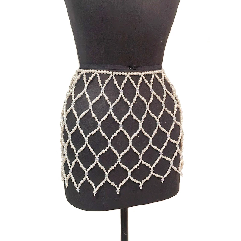 Handmade Female Party Evening Outfits Hollow Body Chain Unique Pearl Beaded Mesh Mini Skirt