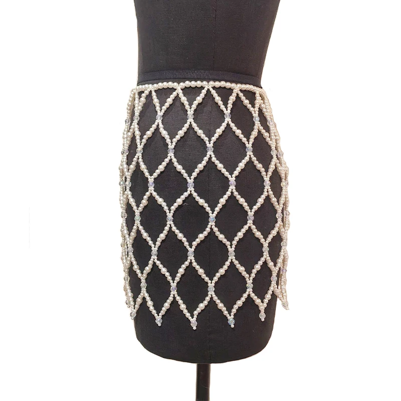 Handmade Female Party Evening Outfits Hollow Body Chain Unique Pearl Beaded Mesh Mini Skirt