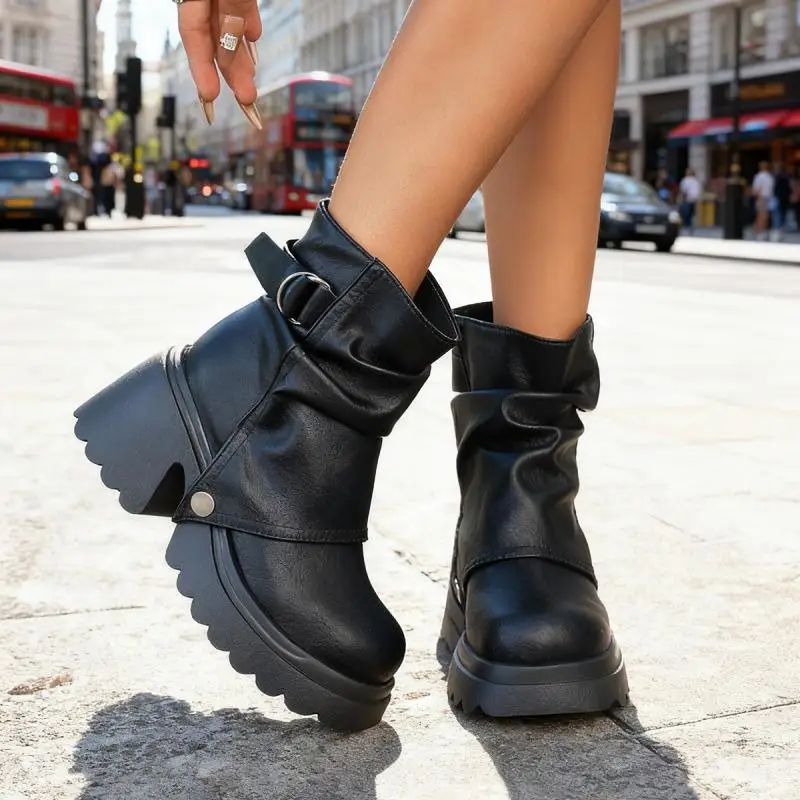 Gothic Chunky Platform Black Ankle Boots Women 2026 Autumn Punk Metal Belt Buckle Thick Bottom Short Boots Woman's Y2K Shoes 43