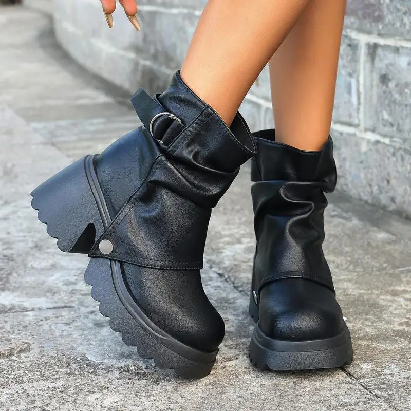 Gothic Chunky Platform Black Ankle Boots Women 2026 Autumn Punk Metal Belt Buckle Thick Bottom Short Boots Woman's Y2K Shoes 43