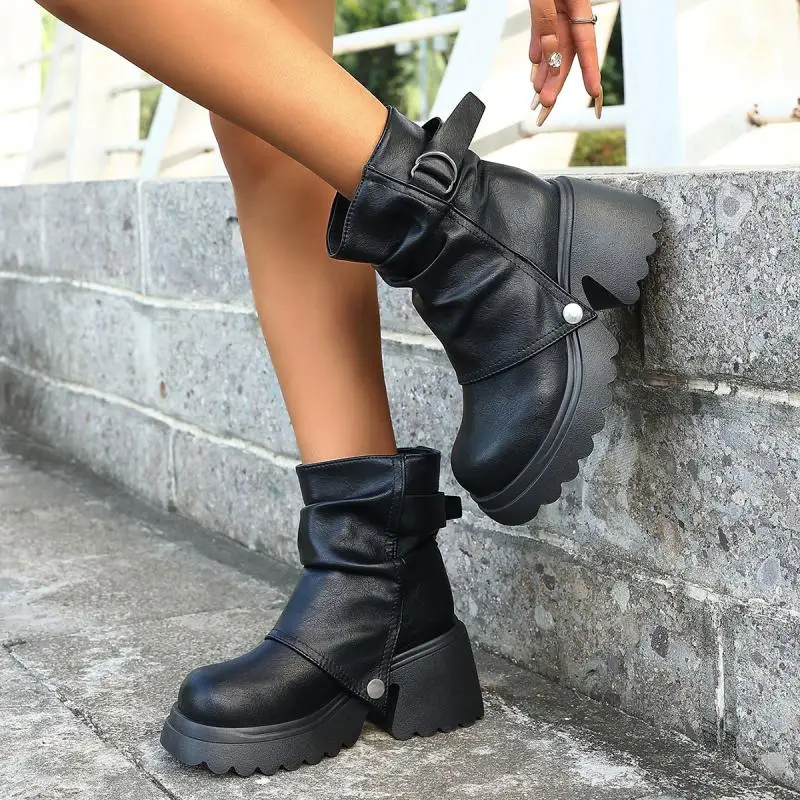 Gothic Chunky Platform Black Ankle Boots Women 2026 Autumn Punk Metal Belt Buckle Thick Bottom Short Boots Woman's Y2K Shoes 43