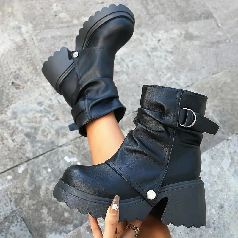 Gothic Chunky Platform Black Ankle Boots Women 2026 Autumn Punk Metal Belt Buckle Thick Bottom Short Boots Woman's Y2K Shoes 43