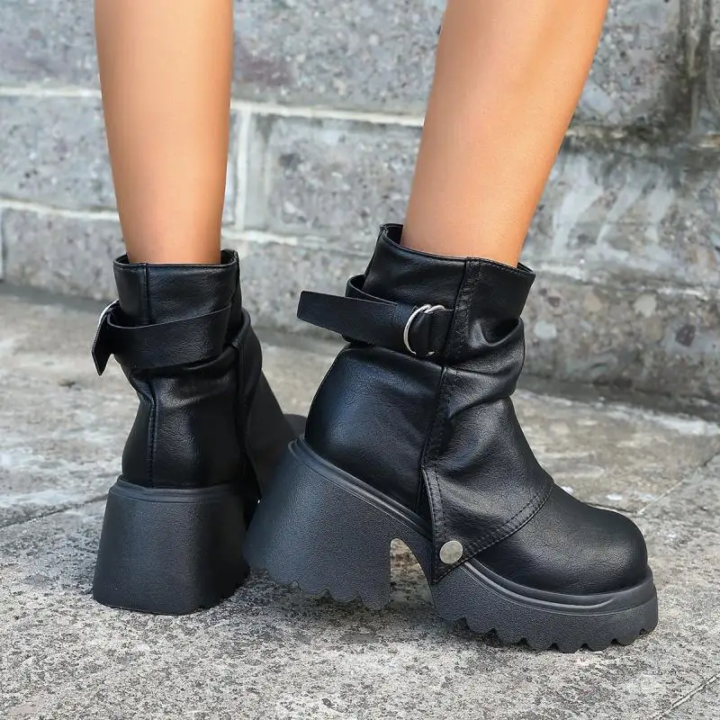 Gothic Chunky Platform Black Ankle Boots Women 2026 Autumn Punk Metal Belt Buckle Thick Bottom Short Boots Woman's Y2K Shoes 43