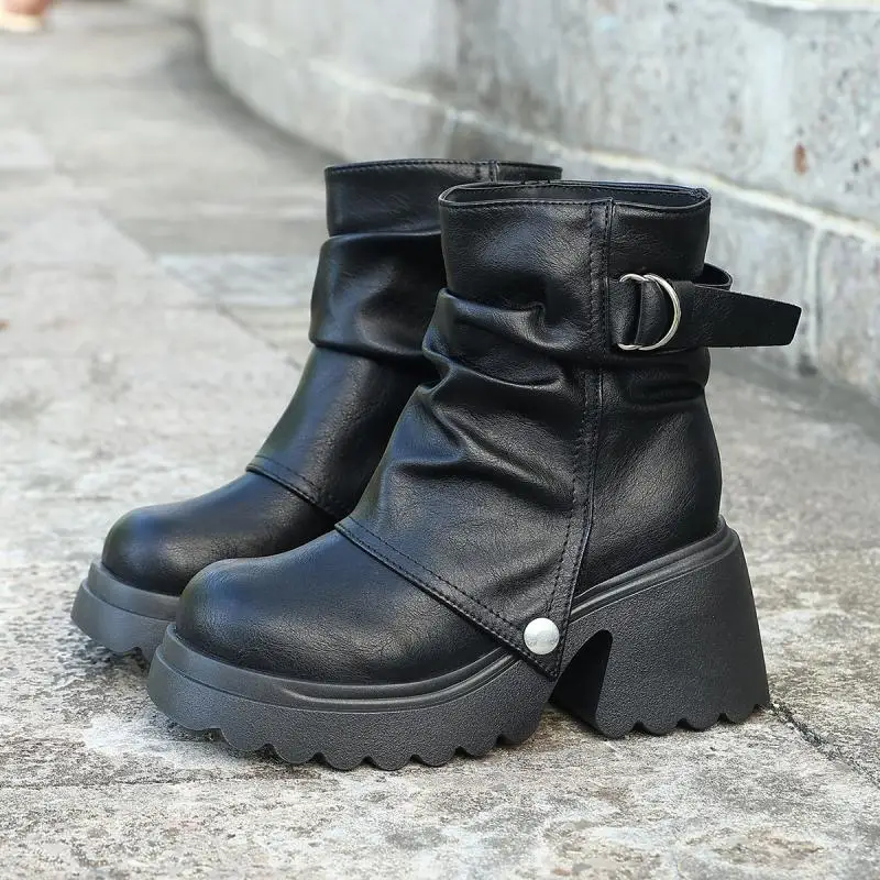 Gothic Chunky Platform Black Ankle Boots Women 2026 Autumn Punk Metal Belt Buckle Thick Bottom Short Boots Woman's Y2K Shoes 43