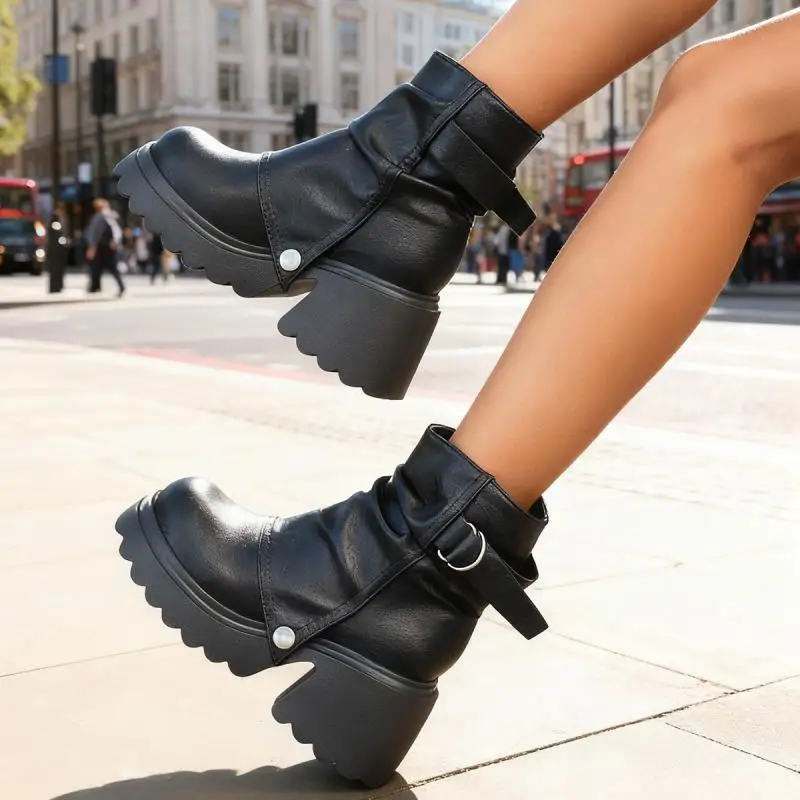 Gothic Chunky Platform Black Ankle Boots Women 2026 Autumn Punk Metal Belt Buckle Thick Bottom Short Boots Woman's Y2K Shoes 43