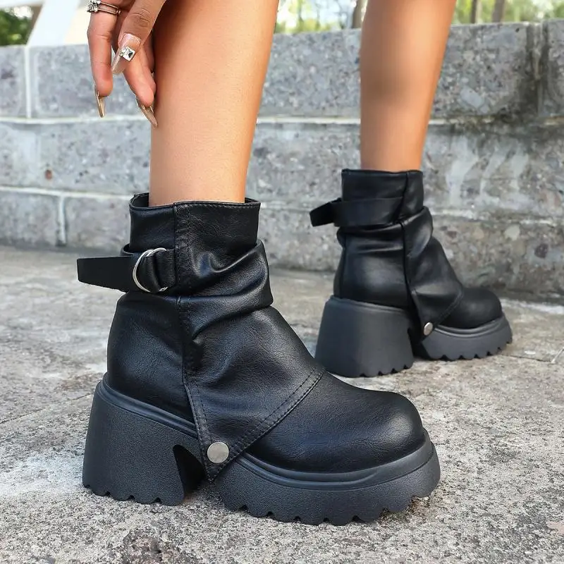Gothic Chunky Platform Black Ankle Boots Women 2026 Autumn Punk Metal Belt Buckle Thick Bottom Short Boots Woman's Y2K Shoes 43