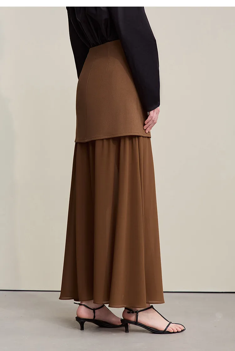 Amii Women's Skirt 2026 Autumn New Elegant Patchwork Chiffon Long Skirt Solid Color Straight Versatile Woman Clothes 12641047