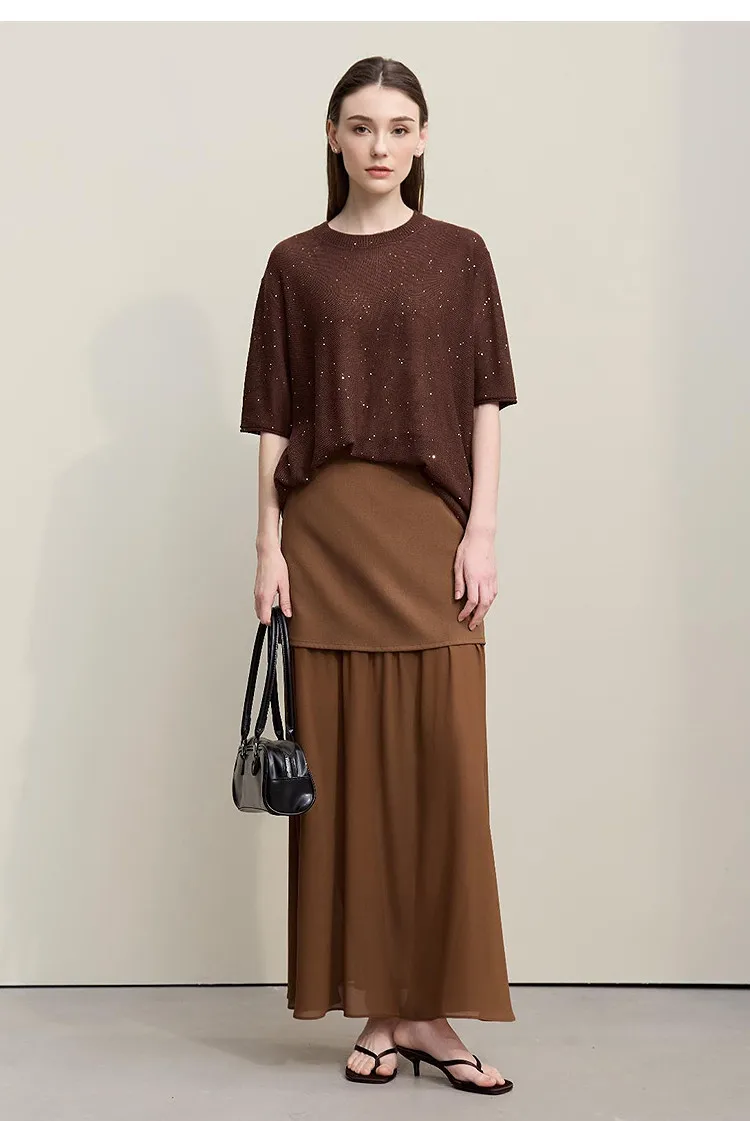 Amii Women's Skirt 2026 Autumn New Elegant Patchwork Chiffon Long Skirt Solid Color Straight Versatile Woman Clothes 12641047