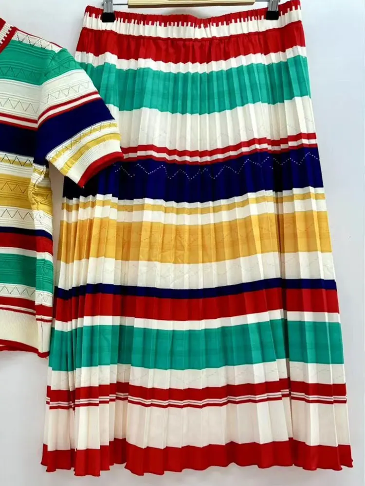 Retrowomen's spring/summer new two-piece striped knit Joker Top+elastic waist and white skirt swing overskirt fashion suit