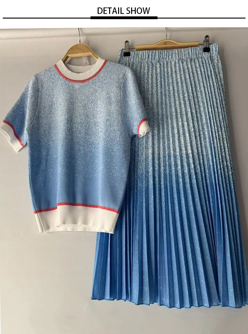 Retrowomen's spring/summer new two-piece striped knit Joker Top+elastic waist and white skirt swing overskirt fashion suit