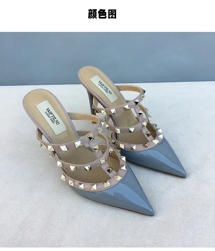 Women's sandals luxury Brand Shoes Woman 2025 trend Ankle Strap Summer Rivets High Heels Slippers Design Pointed Toe Sexy party
