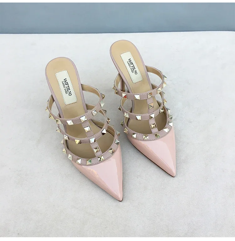 Women's sandals luxury Brand Shoes Woman 2025 trend Ankle Strap Summer Rivets High Heels Slippers Design Pointed Toe Sexy party