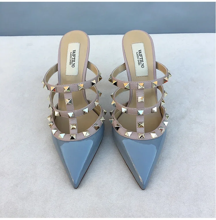 Women's sandals luxury Brand Shoes Woman 2025 trend Ankle Strap Summer Rivets High Heels Slippers Design Pointed Toe Sexy party