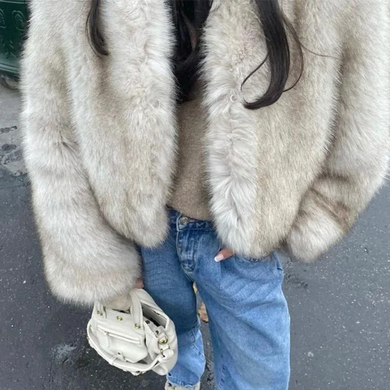 Clearance Fur Coat Women Warm Furry Long Sleeve Loose V-neek Female Outwear Autumn Winter Fashion Street All Match Lady Overcoat