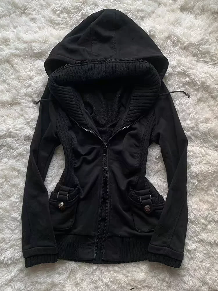 American style removable fur sweater hooded jacket Y2K women's fall and winter new retro casual slim waist waist short jacket