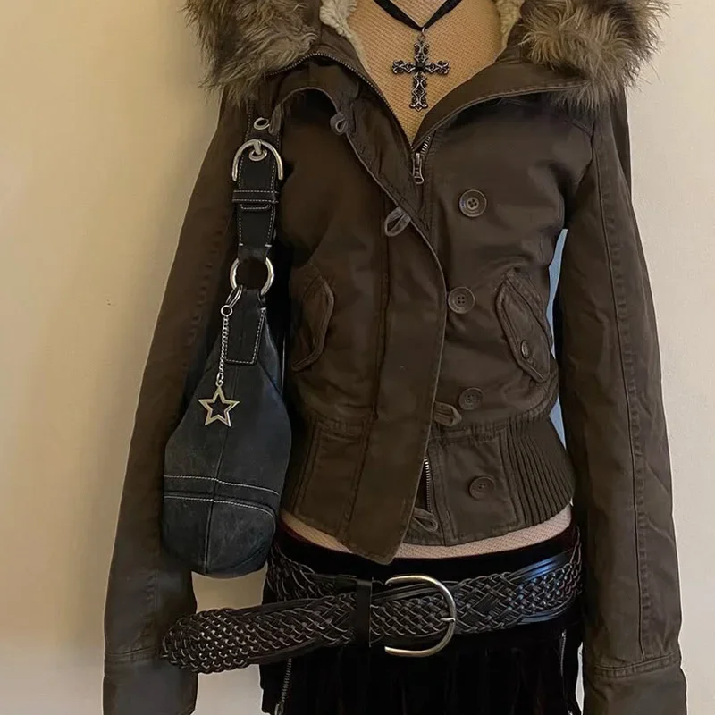 American style removable fur sweater hooded jacket Y2K women's fall and winter new retro casual slim waist waist short jacket