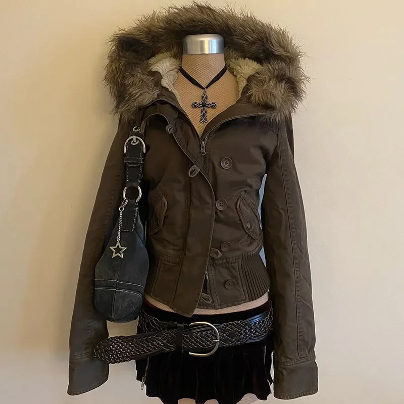 American style removable fur sweater hooded jacket Y2K women's fall and winter new retro casual slim waist waist short jacket