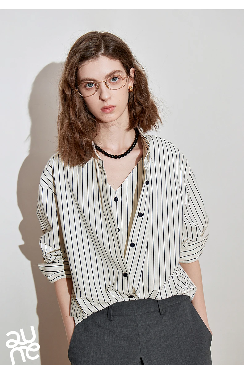 TOYOUTH Women Striped Shirt 2025 Spring New Lyocell Cotton Long Sleeve Versatile Blouse Shirt Tops Blue
