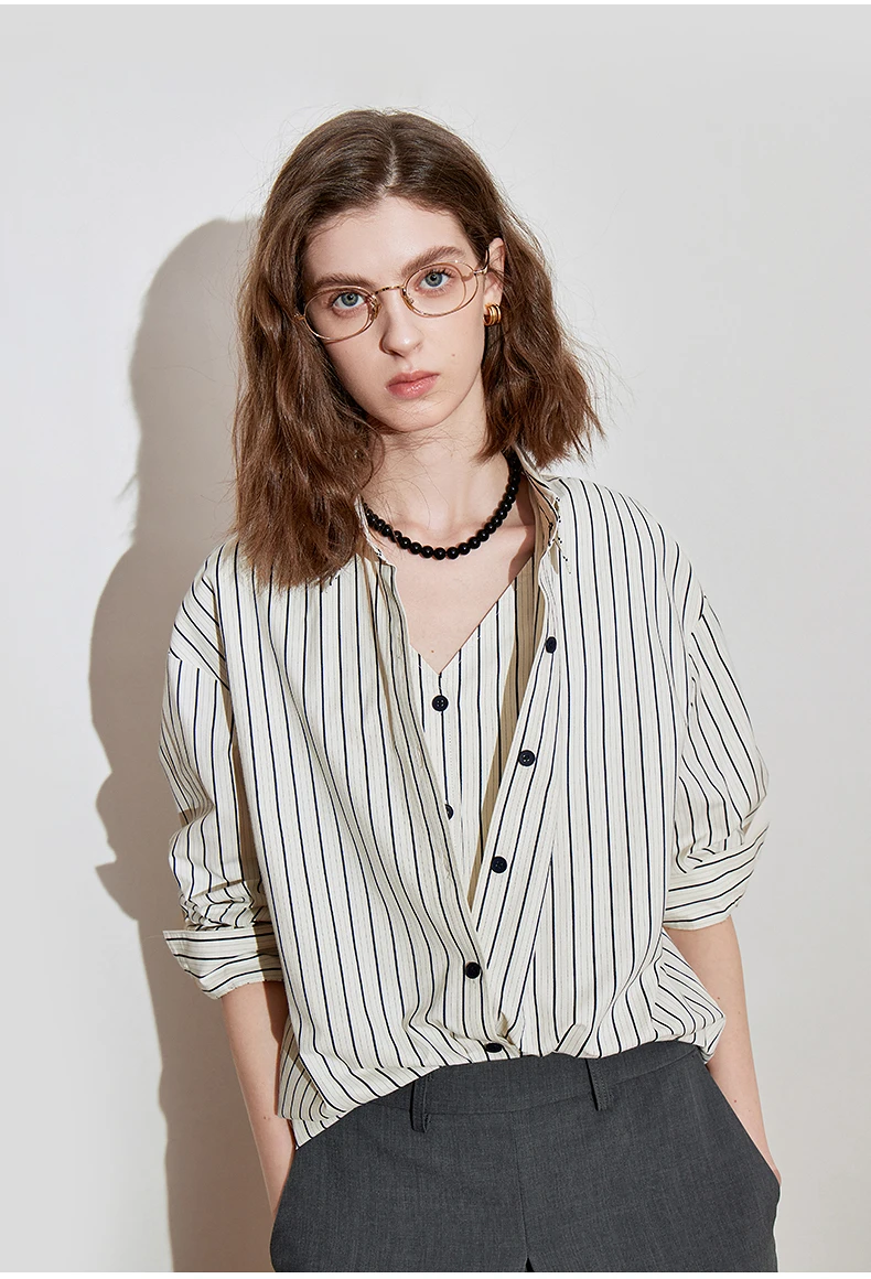 TOYOUTH Women Striped Shirt 2025 Spring New Lyocell Cotton Long Sleeve Versatile Blouse Shirt Tops Blue