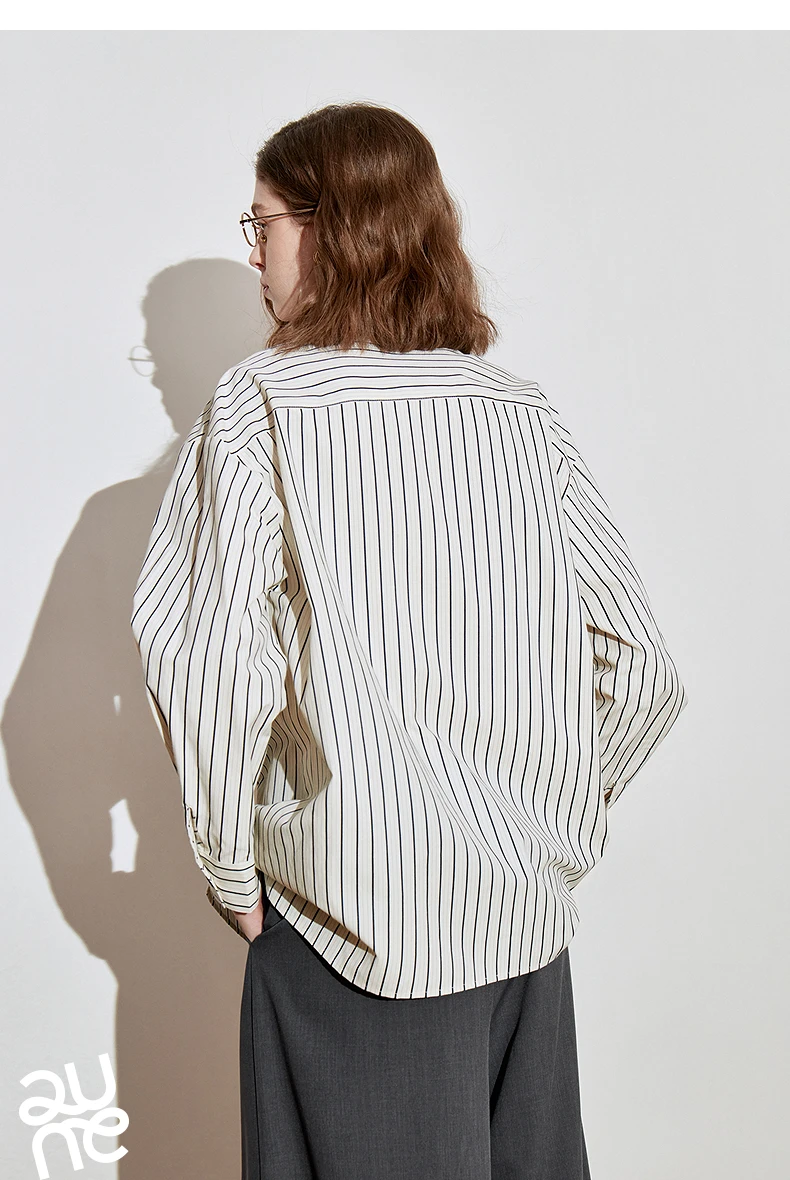 TOYOUTH Women Striped Shirt 2025 Spring New Lyocell Cotton Long Sleeve Versatile Blouse Shirt Tops Blue